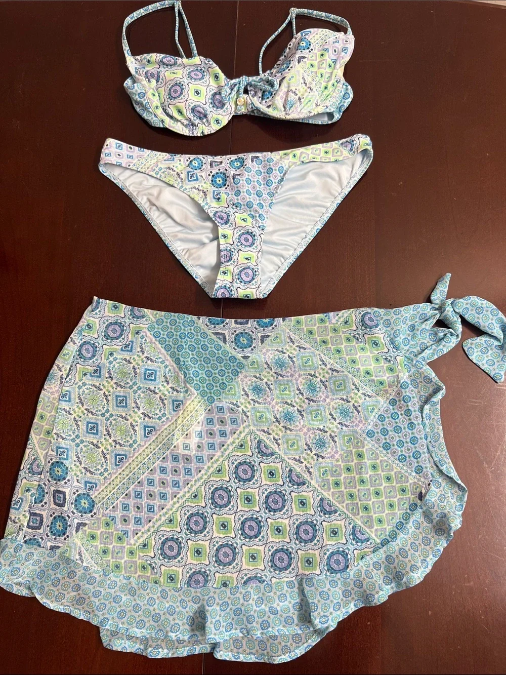 🌞 Jessica Simpson 3 pc Patterned Bikini Set w/Matching Wrap Skirt Blue women S